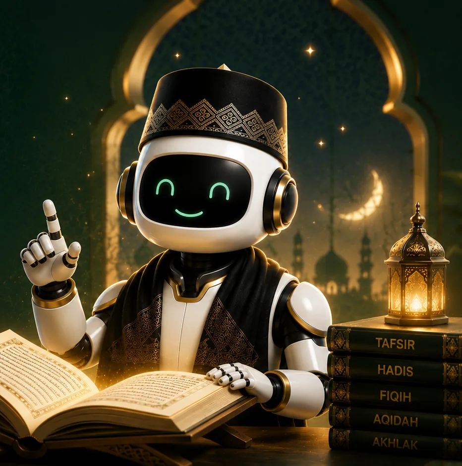 Maskot Buya AI membaca mushaf di samping tumpukan kitab tafsir, hadis, fiqih, aqidah, dan akhlak