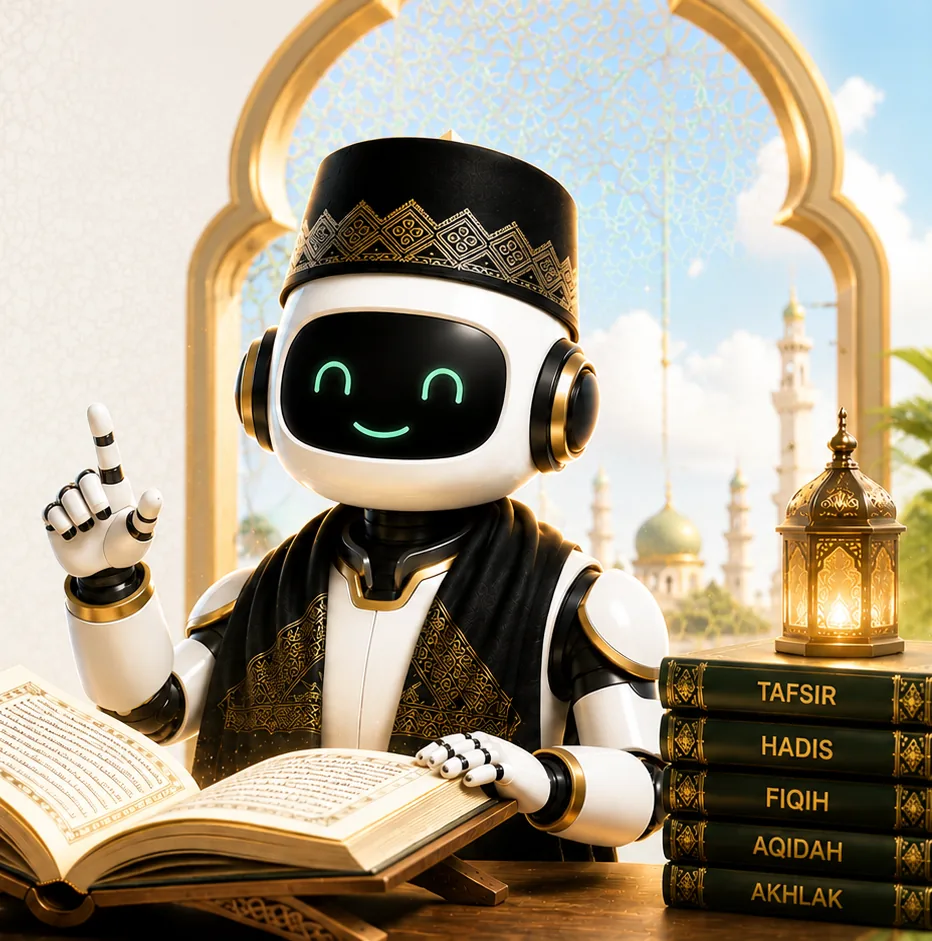 Maskot Buya AI membaca mushaf di samping tumpukan kitab tafsir, hadis, fiqih, aqidah, dan akhlak